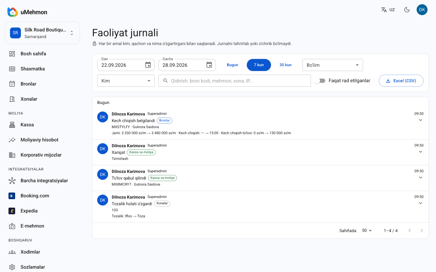 Jamoa, rollar va faoliyat jurnali